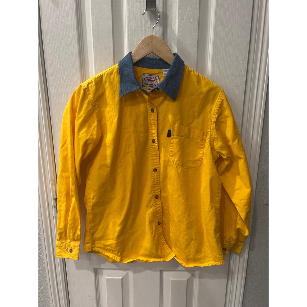 Roper Womens Yellow Cotton‎ Twill Button Down Shirt Denim Collar Western Medium